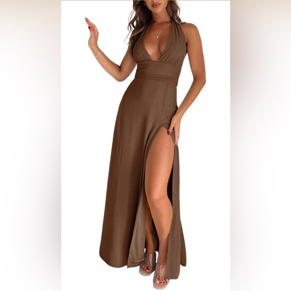 Elegant Brown Halter Maxi Dress